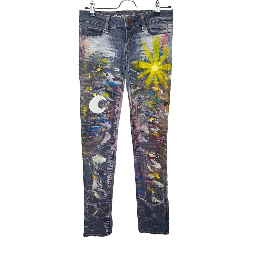 American Eagle Hand Painted Low Rise Skinny Jeans Women’s Sz 00 Upcycled